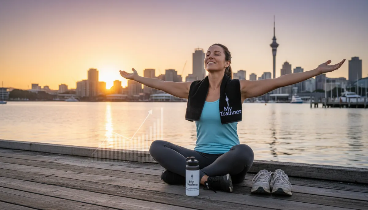 Person relaxing by Auckland harbor after fitness journey