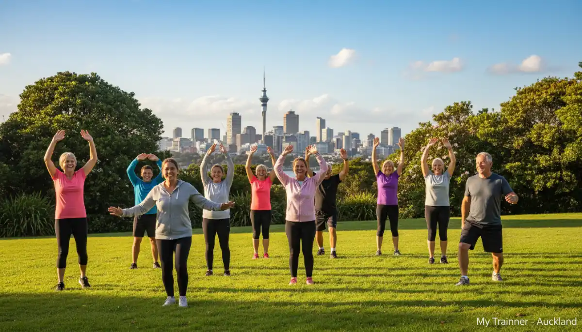 Diverse group exercising happily in an Auckland park