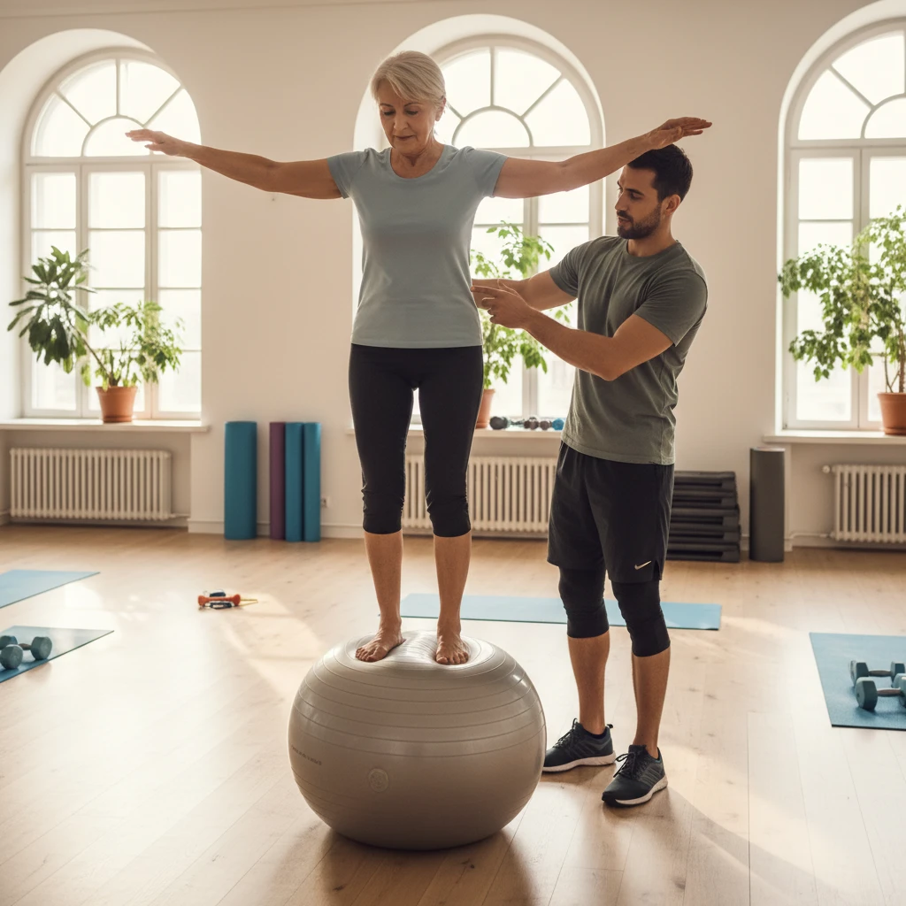 Senior fitness client working on balance and stability with a specialist trainer