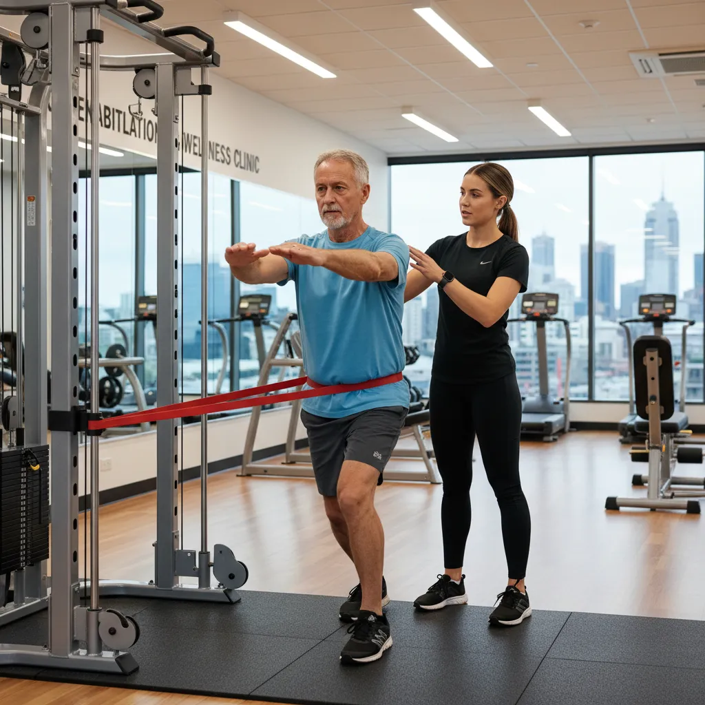 Senior man engaging in rehab personal training in Auckland with a focus on posture
