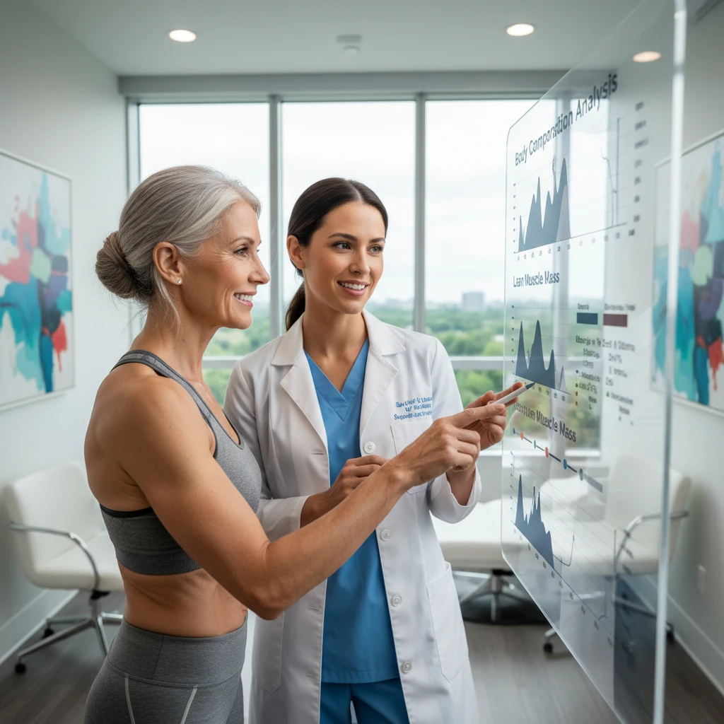 Senior woman consulting with a medical professional about muscle health