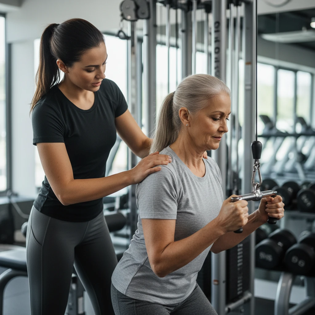 Personal trainer correcting posture for a senior client