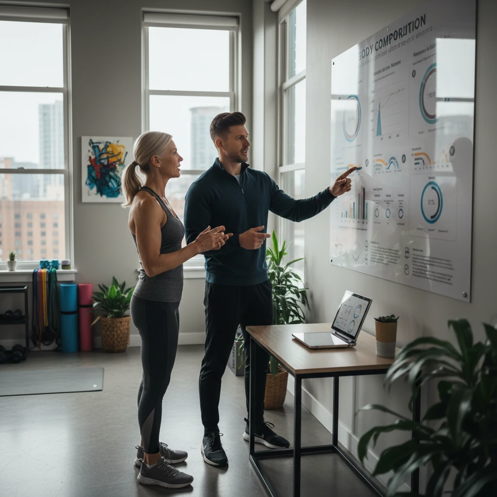 Menopause fitness coach explaining body composition analysis to a client