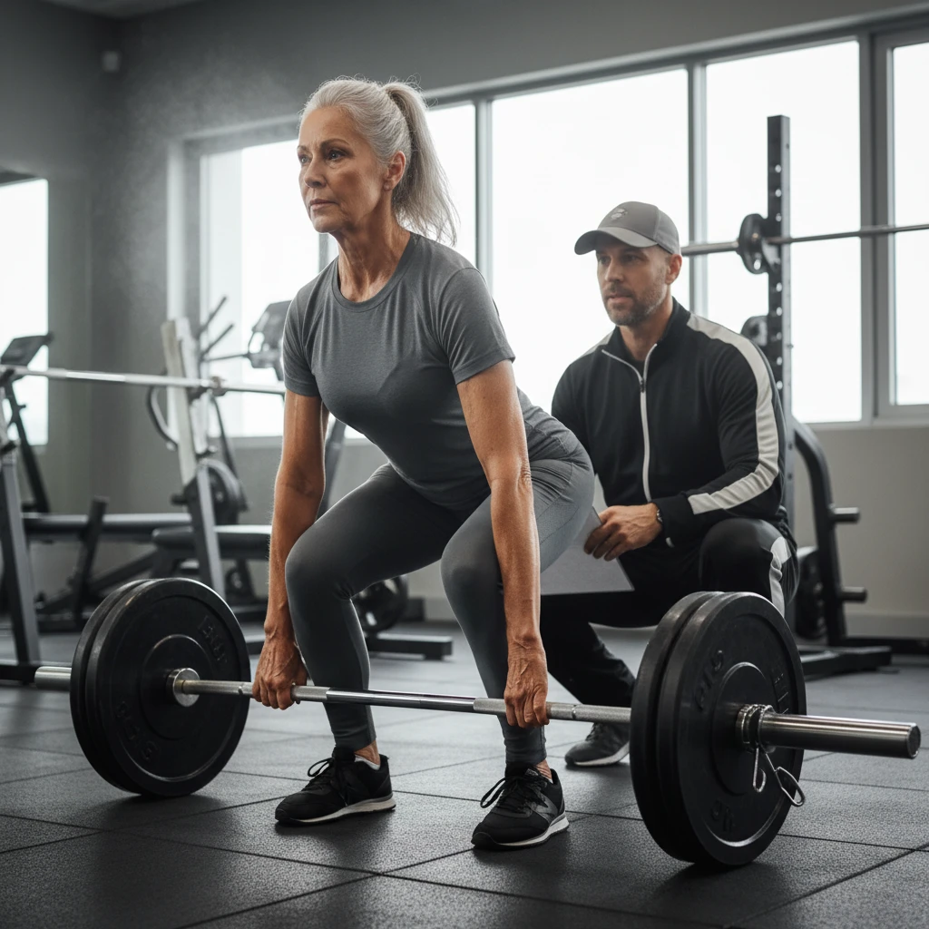 Senior woman performing heavy resistance training for bone density