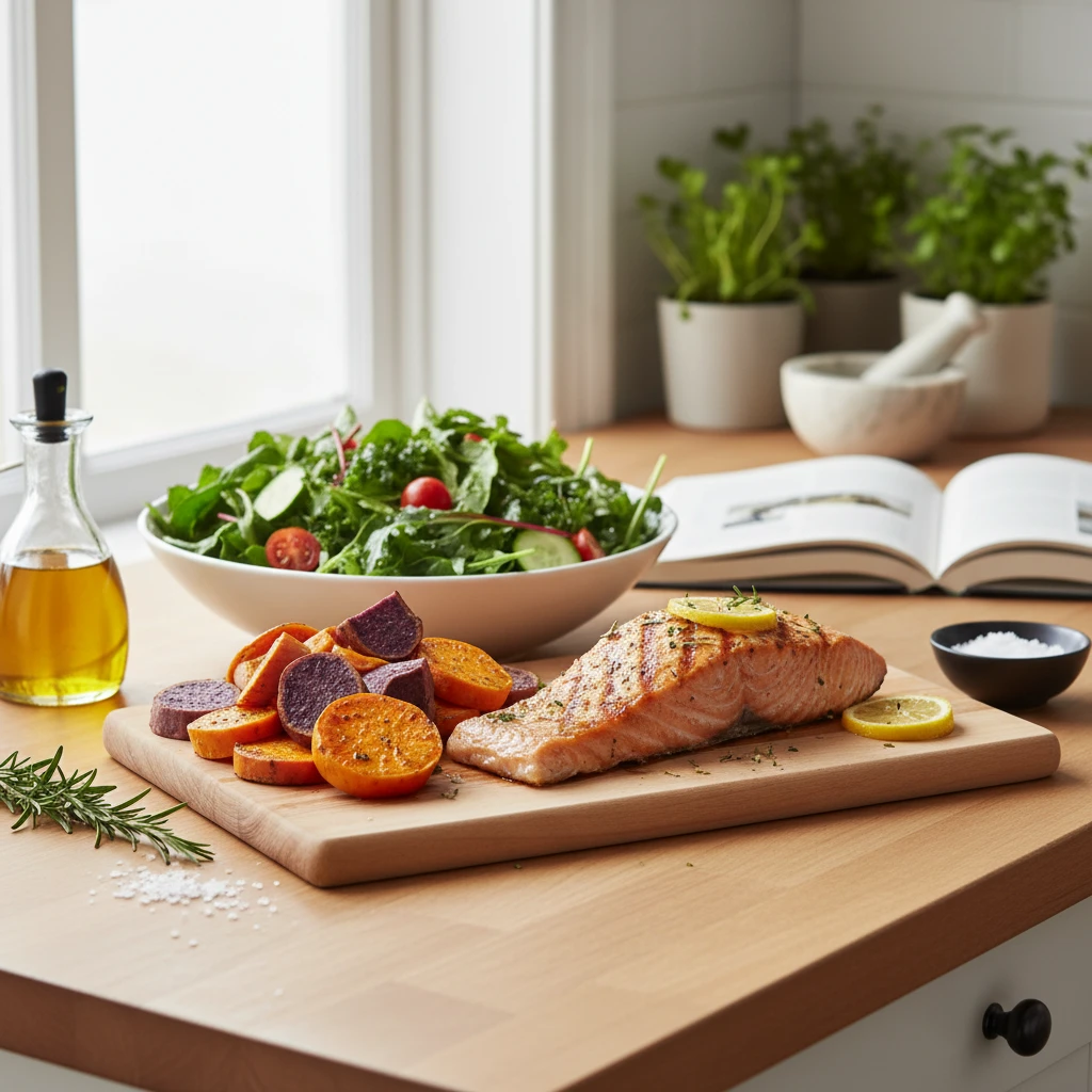 Healthy New Zealand nutritional meal with Kumara and protein