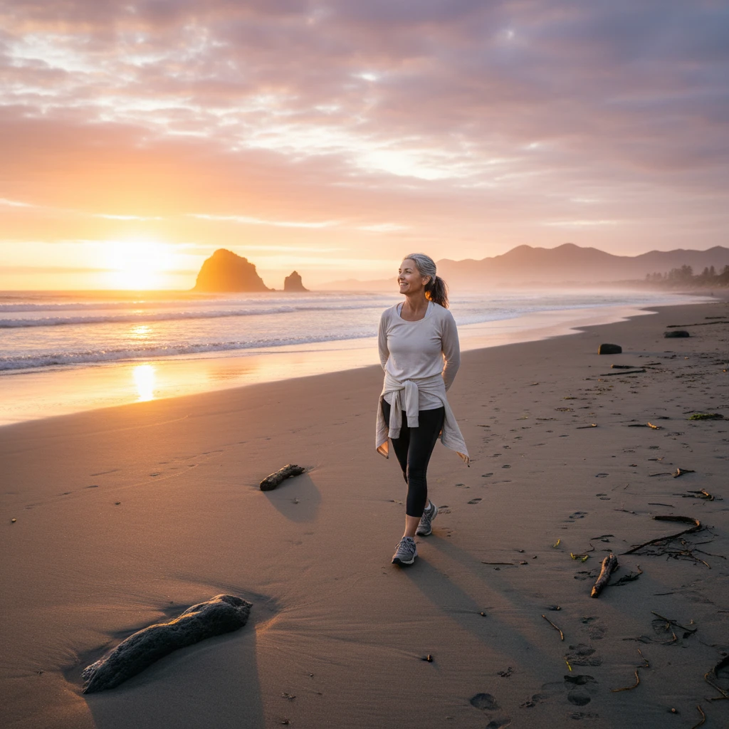 Woman walking on Auckland beach for stress reduction and cortisol management