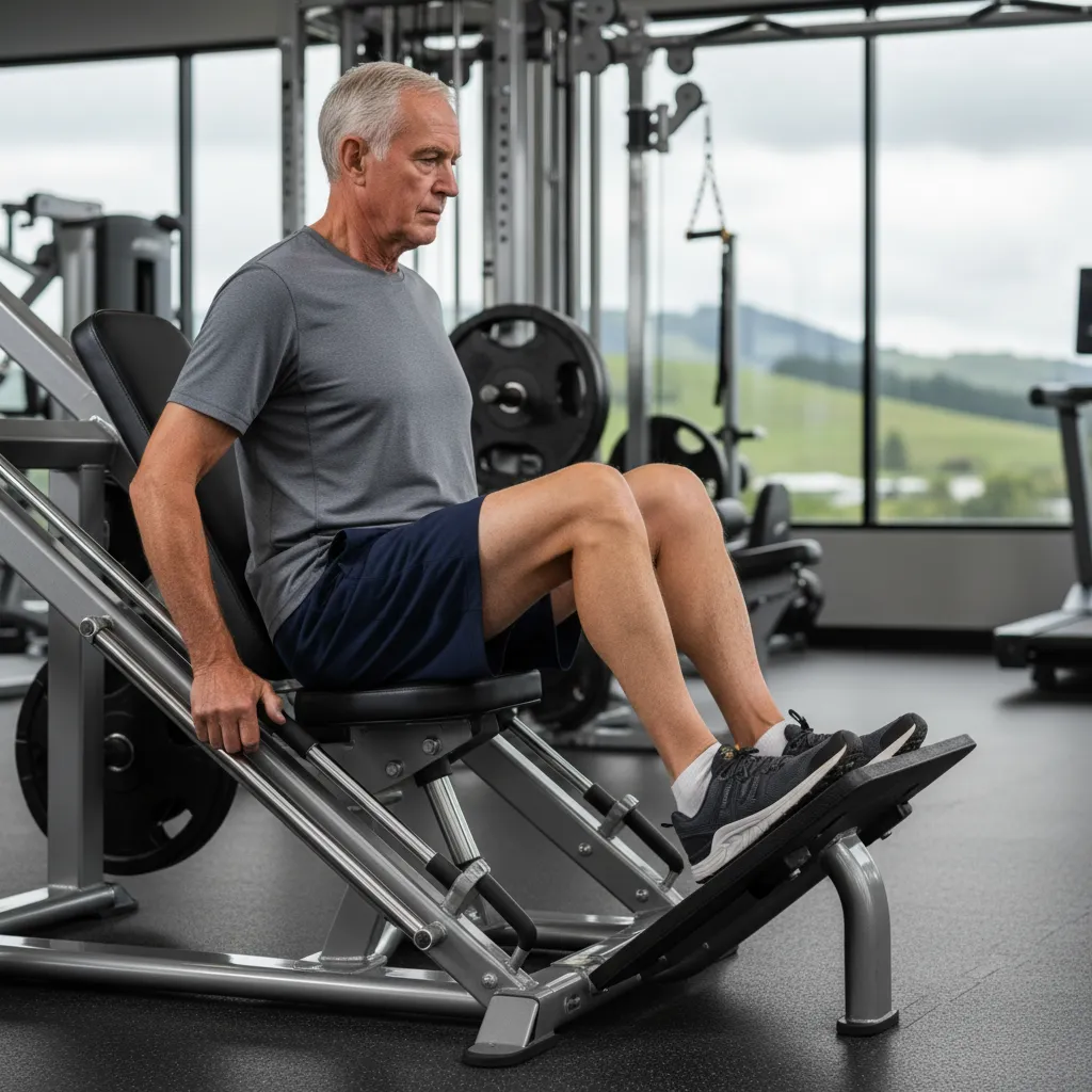 Senior performing axial loading leg press exercise
