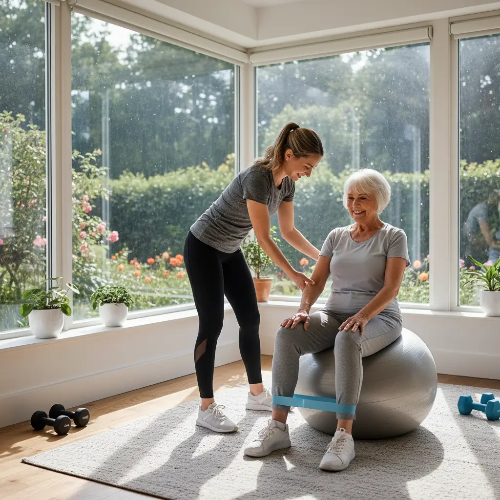 Mobile personal trainer assisting a senior client at home