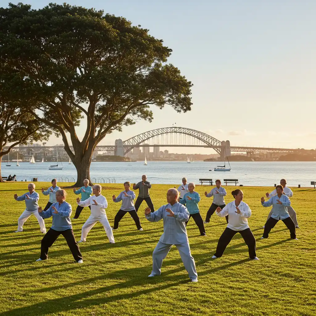 Seniors practicing Tai Chi outdoors in Auckland