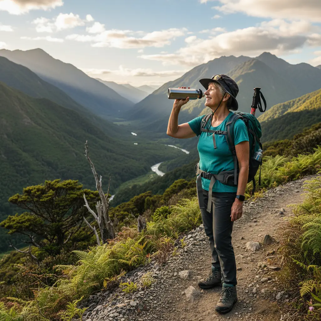 Active senior woman hydrating during a hike
