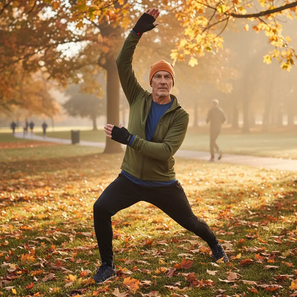 Senior man performing warm-up exercises outdoors